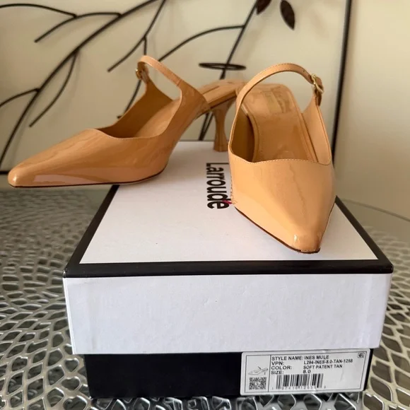 Larroude Ines Pointed Toe High Heel Patent Leather Mules in Tan Size 8 NIB - Picture 8 of 11